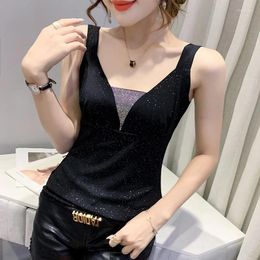 Women's Tanks Summer 2024 Casual Sleeveless Women Tank Tops Sexy V-Neck Solid Colour Diamond Mesh Camis Elasticity T-Shirt J80