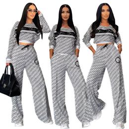 DD0016 European and American fashion leisure trend ribbed suit, long-sleeved loose wide-leg pants two piece set for women