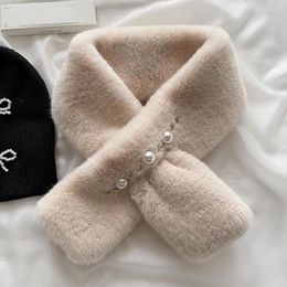 Scarves Winter Pearl Plush Scarf For Women Korean Style Ladies Cute Thickened Warm Faux Fur Cross Girls Soft Neck Ring