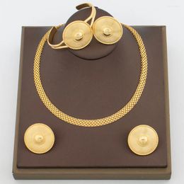 Necklace Earrings Set African Dubai Jewellery For Women Round Design With Bangle Ring Gold Plated Chain Jewellery Party Gifts