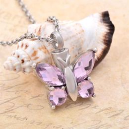 CMJ8497 Elegant Pink Crystal Butterfly Keepsake Cremation Jewellry Urns Pendant Necklace Pet Memorial Jewelry Keepsake1772