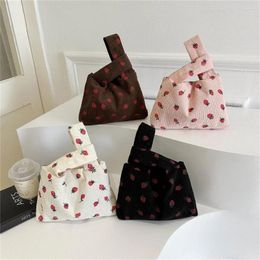 Shopping Bags Cute Corduroy Women Handbag Niche Design Fashion Tote Bag Strawberry Print Mini Knot Wrist Trend Japanese Casual Bucket