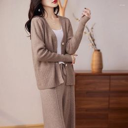 Women's Two Piece Pants Merino Wool Knitted Suit In Autumn And Winter V-neck Solid Colour Cardigan Korean Wide-leg Two-piece