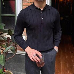 Men's Sweaters Autumn Casual Knitted Sweater Striped Polo Shirt Men 2023 Lapel T-shirt Elastic Jacquard Business