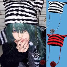 Beanie/Skull Caps Y2K Beanie Hat Ins Devil Ear Striped Knitted Wool C Autumn and Winter Crochet Cute Cat Ears Pointed Pulr Women's HatsL231202