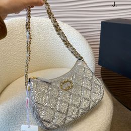 19 Hobo Underarm Bag Stylish Women Shoulder Bag 23cm Shiny Fabric Diamond Gold Hardware Metallic Clasp Luxury Handbag Matelasse Wide Chain Crossbody Bag Makeup Bags