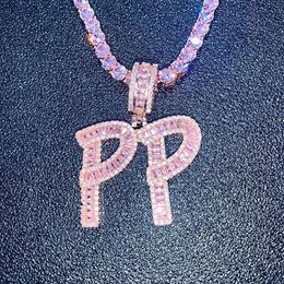 Hip Hop Custom Pink Baguette Letters Pendant Necklace Combination Letters Name Pendant 24inch Pink Tennis Necklaces Zirconia Jewel337r