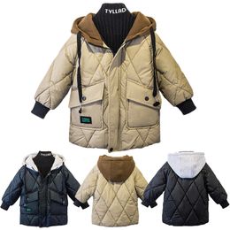 Para baixo casaco 214y coreano moda meninos inverno crianças cáqui jaqueta preta engrossar quente criança crianças zíper com capuz outerwear 231202