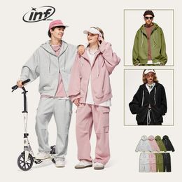 Men's Tracksuits INFLATION Unisex Harajuk Oversized Tracksuit Trendy Pink Cargo Pants and Hooded Jacket Set Mens Hooodie Set 231202