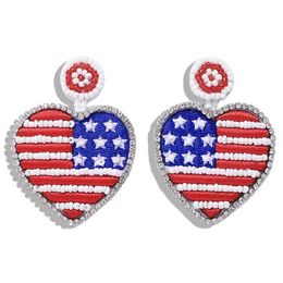 Whole- luxury designer exaggerated lovely cute Colourful beaded America USA flag heart pendant stud earrings for women girls298w