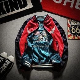 Men's Jackets Embroidered Baseball Uniform Men's Bomber Jacket Satin Coat Reversible Top Streetwear Brand Spring Autumn School Uniform Y2K 231202