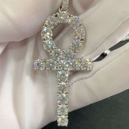 Hip Hop Bling Iced Out 5mm Vvs Moissanite Cross Pendant 925 Sterling Silver Diamond Ankh