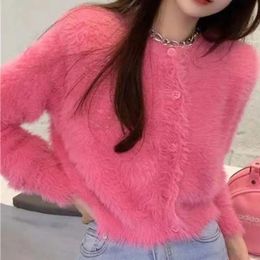 Women s Sweaters Solid Mink Cashmere Cardigan Mujer Black White Mohair Sweater Korean Fashion Cropped Y2k Clothes Coat Sueters 231202