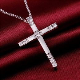 matrimonio Croce di pietra intarsiata da donna piatto in argento sterling Collana moda pendente in argento 925 Collana con catene GN5392080