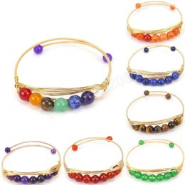 Golden Color Handmade Beaded Wire Wrapped Metal Opening Bracelet for Women Girls Colorful Crystal Bead Adjustable Bracelet Gifts