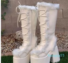 Platform Furry Boots Chunky High Heeled Winter Knee High Boots Women Faux Fur Zip Go