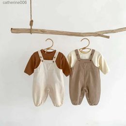 Clothing Sets Korea Spring Autumn Infant Baby Boys 2PC Clothes Set Bear Print Long Sleeve Cotton Top Solid Pocket Overalls Suspender TrousersL231202