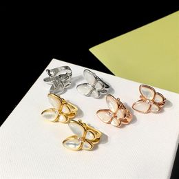 fahion Stainless steel Golden white shell butterfly ear beat 18k Gold Stud Earrings rose gold stud earrings for woman258F