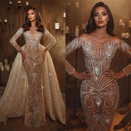 Perle di sirene scintillanti in pizzo vede attraverso abiti da sposa con paillettes senza maniche vestido de noiva