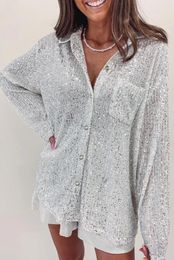 Women's Blouses Silver Sequin Pocketed Loose Shirt