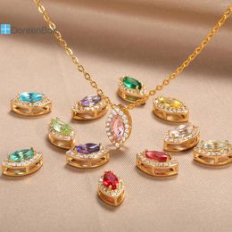 Pendant Necklaces 304 Stainless Steel Multicolor Rhinestone Drop Rolo Chain Necklace Charms Women Wedding Jewellery 38cm Long 1 PC