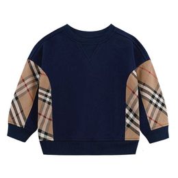 Spring and Autumn New Round Neck Long sleeved Checkered Panel Contrast Sweater for Boys and Girls Pure Cotton Top