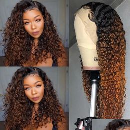 Synthetic Wigs New Long Loose Deep Wave Human Hair For Black Women Ombre Brown /Blonde/Blue Coloured Kinky Curly Lace Front Wig Cosplay Dh7Ej