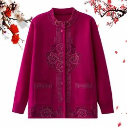 Women's Knits Old Lady Clothing Chinese Knit Cardigan Sweater Jacket 2023 Autumn Grandma Slim Long-sleeve Pocket Knitting Coat Tops