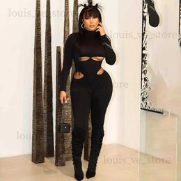 Women's Jumpsuits Rompers Solid Black Hollow Out Skinny Jumpsuits Women Turtleneck Long Sleeve Slim Stretch Rompers One Piece Fitness Overalls Streetwear T231202