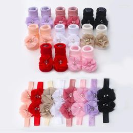 Hair Accessories 1Set Born Handmade Pearl Flower Headbands Mid Socks Baby Soft Prewalker Sock Girl Infant Cute Knitted Hairband