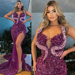 Luxurious Plus Size Aso Ebi Prom Dresses Grape Mermaid High Split Birthday Beaded Party Dress for Black Girls Second Reception Gala Sparkling Evening Gowns ST568