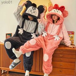 Men's Sleepwear Cartoon Cute Jumpsuit Sleepwear Winter Warm Coral Fleece Pajamas Set for Couples Big Size 3XL 4XL Women and Men NightwearL231202