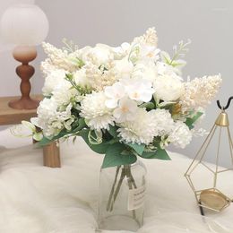 Decorative Flowers White Artificial Rose Silk Bouquet Home Wedding Living Room Indoor Decoration High Quality Hybrid Fake