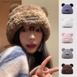 Beanie/Skull Caps Fashion Autumn Winter Women Beanies Cs Warm Cute Bear Ear Hat Casual Couple Knitted Plush Soft Warm Bucket Hats PresentL231202