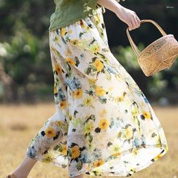 Skirts Johnature 2023 Summer Woman Fashion Linen Print Chinese Style A-Line Skirt Vintage Original Casual