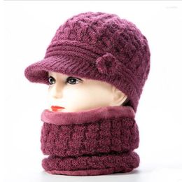 Berets Women Knitted Hats Fur Plush Scarf Mother Caps Gorras Skullies Beanies Winter Warm For Female Flower Decoration