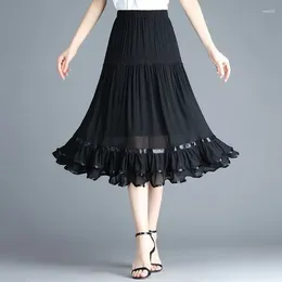 Skirts Elegant Vintage Women Mesh Black Midi Skirt Office Lady Fashion High Waist Koreon Spring Summer Slim Casual Pleated