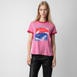 24ss Zadig Voltaire New Trendy Designer Cotton Tees Pink Ink Digital Print Women Casual Versatile Short Sleeve Summer Loose Pullover T-shirt Polos Tops zv