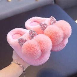 Slipper Baby Girls Cotton Slippers Winter Children's Shiny Sequins Fur Slippers Boys Home Indoor Shoes Anti-slip Kids Slippers 231201