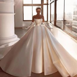 Urban Sexy Dresses Beading Pearls Strapless Neck Zipper Up Back Pleat Waist Bow Satin Ball Gown Wedding With 100cm Chapel Train 231202