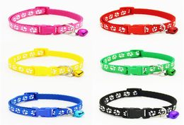 12pcspack 6 Colour Winter Adjustable Nylon Pet Small Dog Puppy leashes necklace Cat Collar Tinkle Bell Footprint traction belt2913287