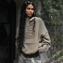 Women's Sweaters Autumn Winter Solid Grey Letter Knit For Women Casual Fashion Hooded Pullovers 2023 Female Loose Knitwears Jersey