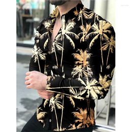 Men's Casual Shirts Turn-down Collar Buttoned Oversized Hawaiian Shirt Man Coconut Tree Print Long Sleeve Tops Clothing
