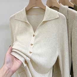 Women's Knits Layered With A Slim Fitting Sweater For Spring And Autumn 2023 Elegant Polo Neck Solid Color Knit Base Women