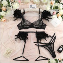 Sexy Set Feather Lingerie Y Porn Underwear Women Body Transparent Bra Metal Chain Lace Exotic 3Piece Luxury Intimate7634828 Drop Deliv Dhyne