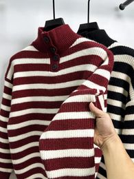 Men's T Shirts Luxurious Half Turtleneck Button-down Autumn And Winter Fashionable Striped Design Long-sleeved Korean Sweater T-shirt Top