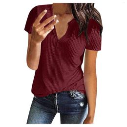 Women's Blouses Large Size Wine Red Shirt Elegant Solid Colour Waffle Knitted Shirts And Short Sleeve V Neck Simple Leisure Top