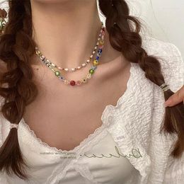 Chains Fashion Colorful Beaded Freshwater Pearl Necklace Women's Retro Personality Simple Everything Choker Collarbone Chain Jewelry.