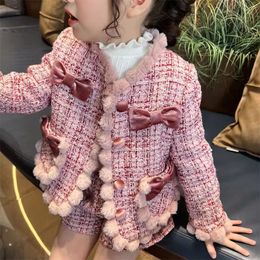 Clothing Sets Adorable Pompom Design Baby Girls Tweed Coat and Shorts Soft Warm Autumn Winter Kids Set Teens Outfits for 2 7Years 231202