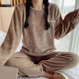 Women's Sleepwear Pajamas Plus Size Coral Fleece Winter Thickened Warm Round Neck Pullover Simple Casual Flannel Home Clothes 2-piece Set